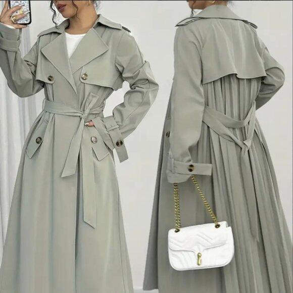 Elegant Double-Breasted Trench Coat for Women - Long Sleeve, Button-Up, Flared - Picture 5 of 5
